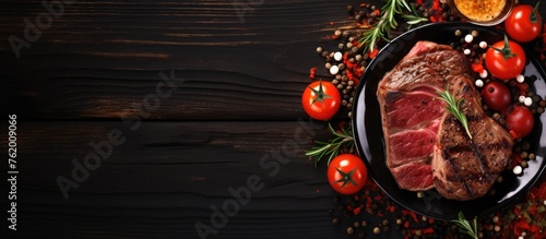 Juicy Grilled Steak Steak with Vibrant Assortment of Fresh Vegetables, Spring Herbs, and Flavorful Spices on Rustic Wooden Table photo