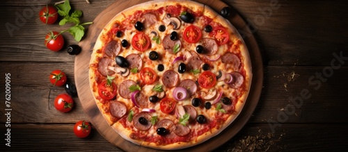 A close up of a pizza with tomatoes, olives, and pepperoni