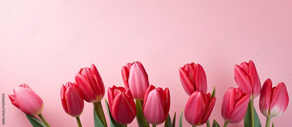 Obraz premium Pink tulips in vase on pink surface