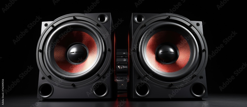 Dynamic Sound Duo: Two Modern Wireless Speakers Set on Elegant Black Background Dynamic Sound Duo: Two Modern Wireless Speakers Set on Elegant Black Background