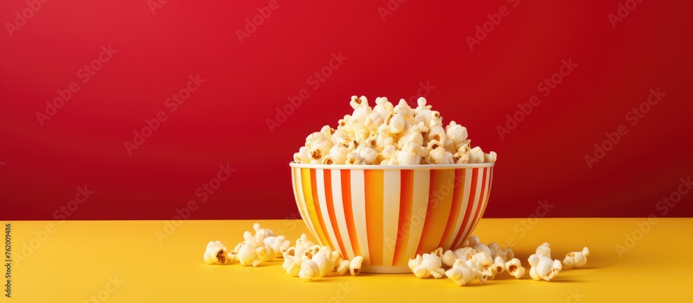 Crispy yellow popcorn on blue background