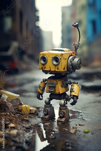 sad broken cute little robot on junk yard
