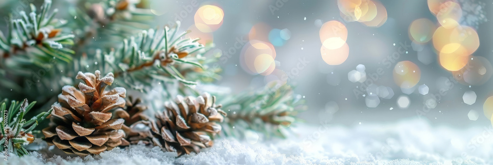 Obraz premium A minimalistic background with white snow and pine cones on light green blured bokeh background, Christmas decorations. banner