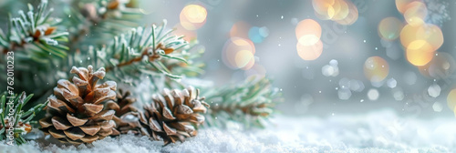 A minimalistic background with white snow and pine cones on light green blured bokeh background  Christmas decorations. banner