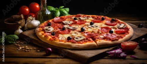 Pizza with mushrooms and tomatoes on wooden board
