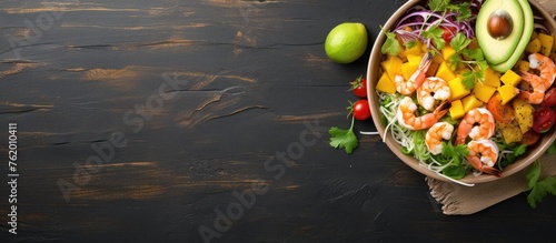 Fresh shrimp salad with avocado, tomato, cucumber on white background