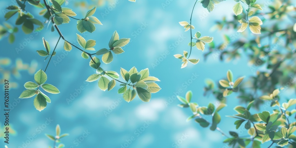 Mostly blue sky dominates the scene, with a few green branches and leaves adding contrast and natural beauty.