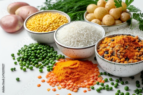 A composition of peas, lentils, potatoes, and rice arranged neatly on a white background
