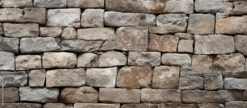 Rustic Stone Wall Featuring Varied Patterns of Brown and White Stones