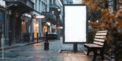  A blank white billboard at bus stop on street, for advertising mockups and urban city concepts and presentations.Mock up Billboard Media Advertising Poster banner template at Bus Station city street
