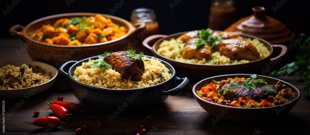 Variety of Delicious Asian Cuisine on Wooden Table with Rice Bowl Variety of Delicious Asian Cuisine on Wooden Table with Rice Bowl