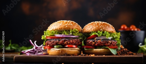 Delectable Fast Food Delight: Two Juicy Hamburgers Served on a Stylish Black Plate