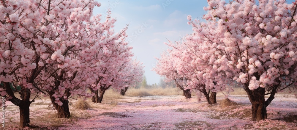 Obraz premium Enchanting Meadow Blanketed with Blooming Pink Flowers and Bees Buzzing Around