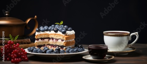 Cake with blueberries and coffee