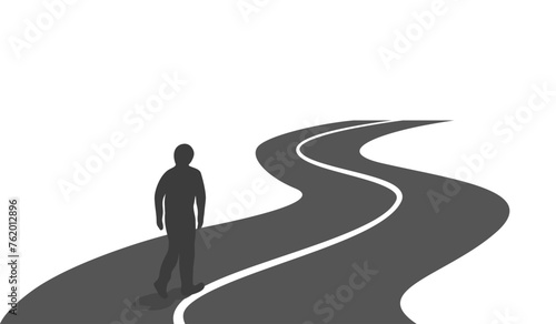 A man going ahead on the way. Walk on the winding road. Progress into the future.