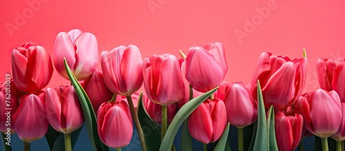 Pink tulips in vase with red background © Ilgun