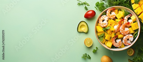 Fresh mango and shrimp salad on green backdrop