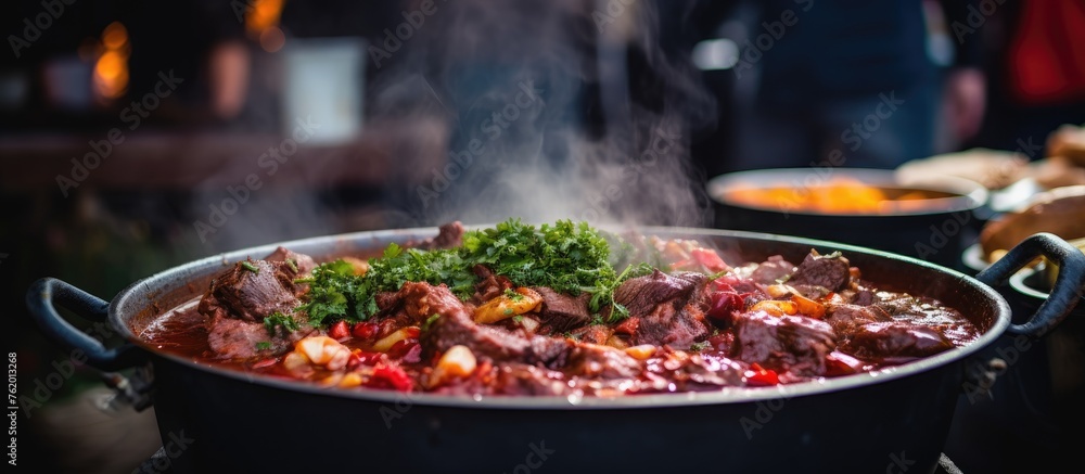 A pot of stew cooking on a stovetop A pot of stew cooking on a stovetop