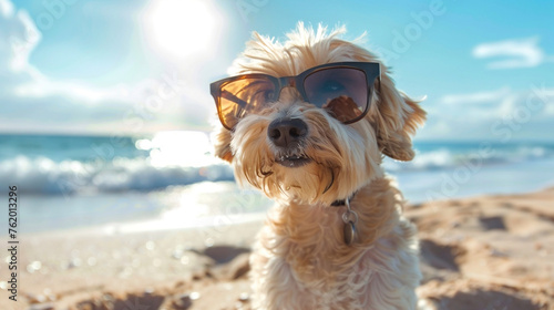 AI generated illustration of a realistic picture of a fluffy dog ​​wearing glasses on the beach © chusnul