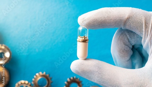 A hand holding white capsule against a blue background, Ai Generate