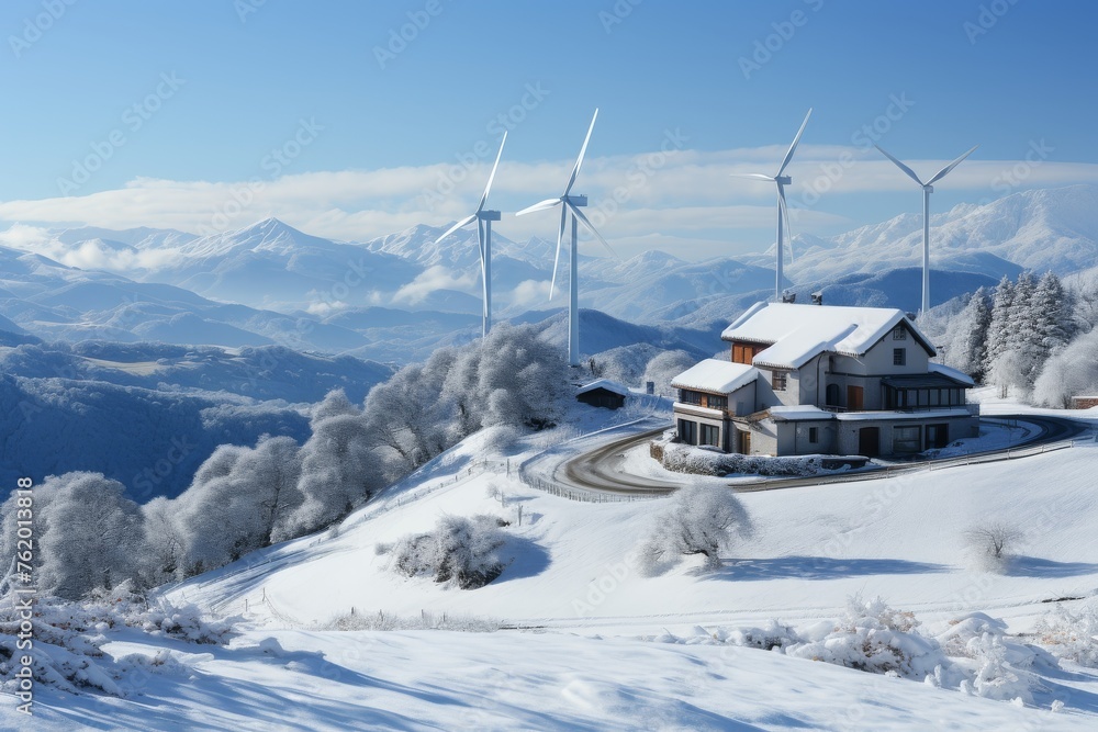 Snowy Hill House With Wind Turbines