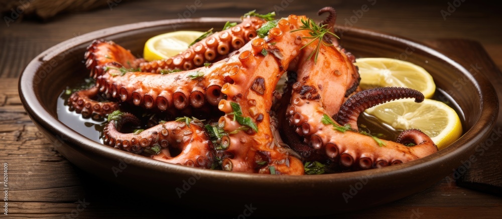 Octopus tentacles with lemon and parsley on white background Octopus tentacles with lemon and parsley on white background