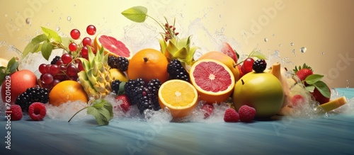 Fresh assorted fruits on a vibrant yellow background