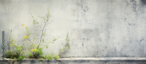 Plant sprouting from concrete wall photo