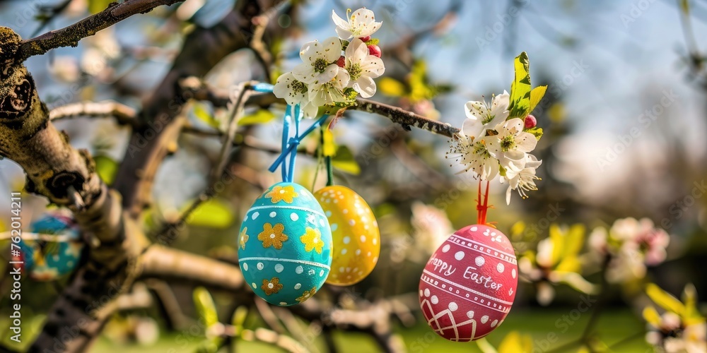 Obraz premium Colorful Easter eggs hanging on blooming tree branches outdoor in garden.