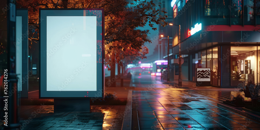 : A blank white billboard at bus stop on street, for advertising mockups and urban city concepts and presentations.Mock up Billboard Media Advertising Poster banner template at Bus Station city street