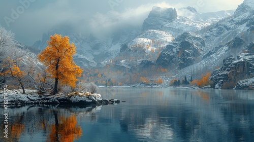 Landscape image of trees, mountains, water reflection