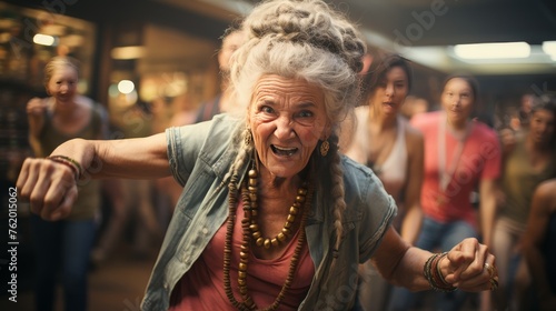 Older Woman Dancing Among Others
