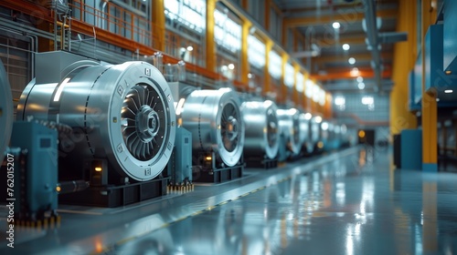 3D Rendering Flywheel energy storage system with industrial interior in background.