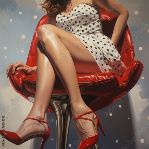 Young Adult Woman Seated on a Crimson Chair and wearing a black spot of white short dress with red high heel sandal 