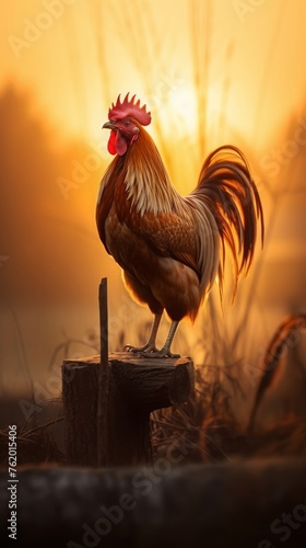 solo big adult rooster standing on a wooden block with Golden Time background with sunset reflection 