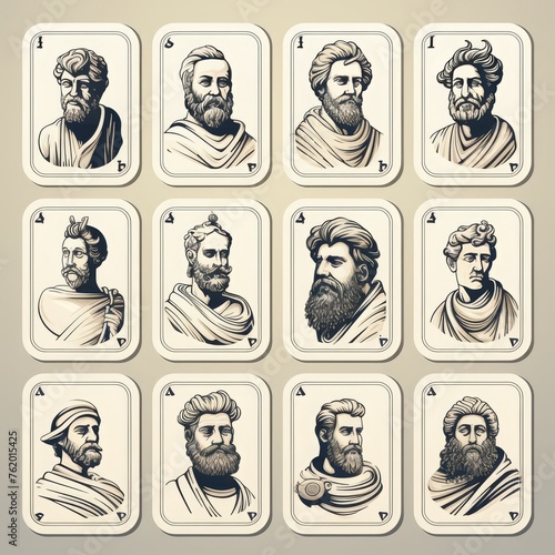 A Vibrant Set of 12 Ancient Romans portrait Playing Cards Featuring Iconic Roman Portraits
