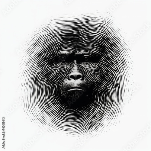Black and White Fingerprint Art Illustration of an Adult Gorilla face in white background