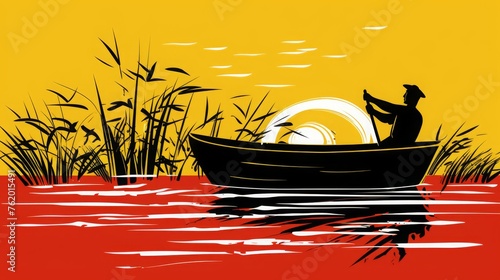 Painting of Vibrant red ,black ,white and yellow color of a man travel in boat on a Peaceful Lake in sunset time