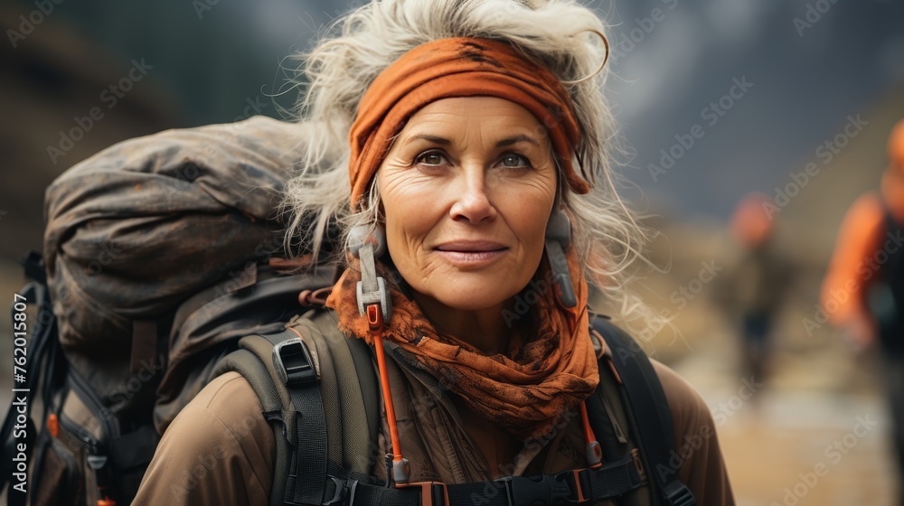 Woman With Grey Hair Wearing Backpack