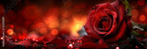 A red rose on dark blurred lights. background Valentine's Day banner. empty space © Planetz