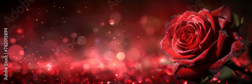 A red rose on  dark blurred lights.  background Valentine s Day banner. empty space