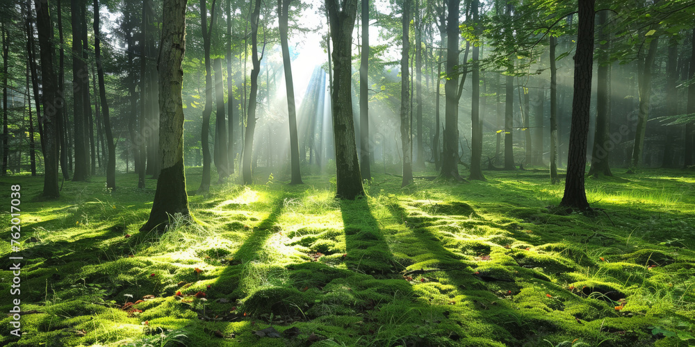 Obraz premium sun rays through the forest, sun beams in green forest background