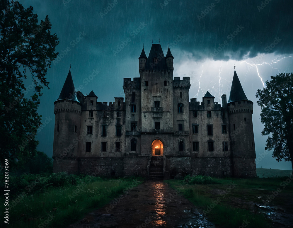 An old mysterious abandoned castle illuminated by bright lightning during the night rain.