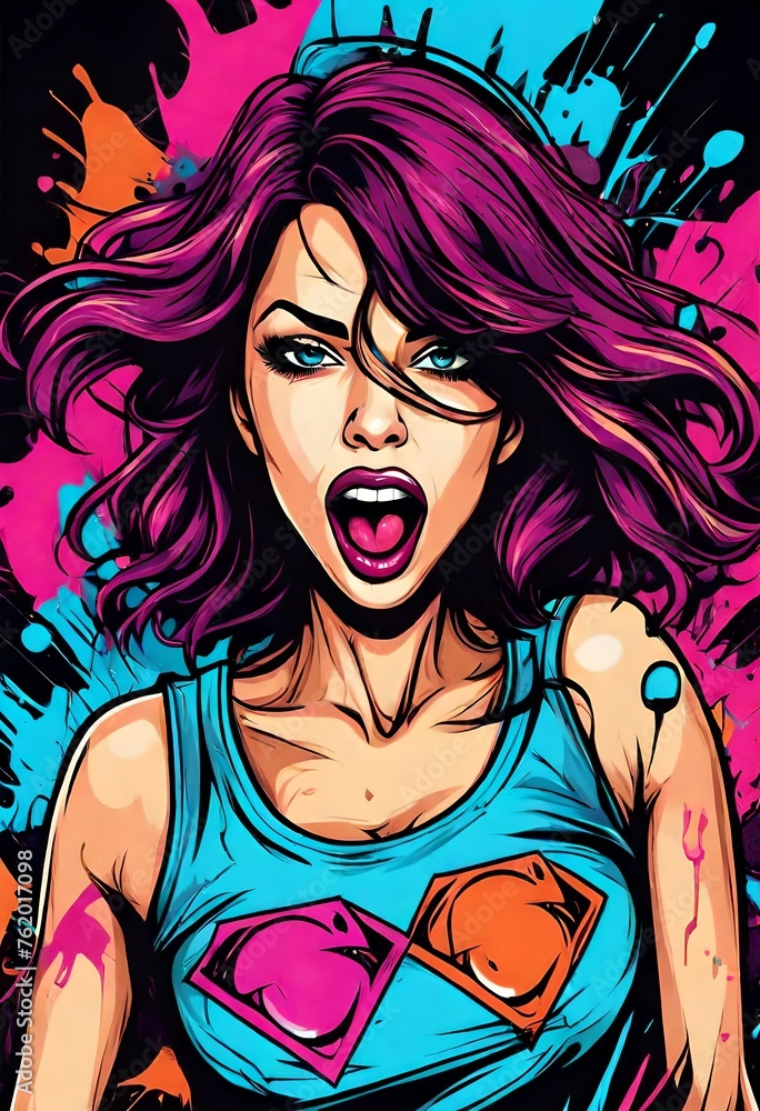 close-up view of beautiful woman with luscious lips screaming, vector style. cartoon, bright colors.