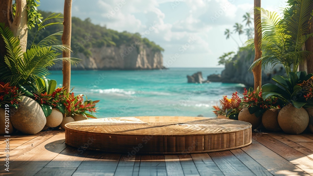 Obraz premium Bohemian Rattan Podium, front view focus, with a Sunny Beachside Cabana Background, ideal for summer fashion product displays