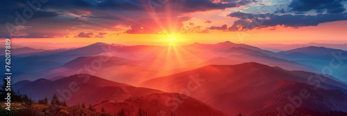 landscape view of mountains at sunset or sunrise background, banner