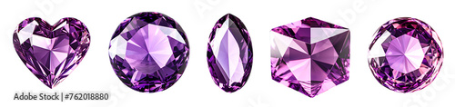 purple gems stone collection, heart, round, oval shape gloving diamond stones, isolated on transparent background, icons logo vector png