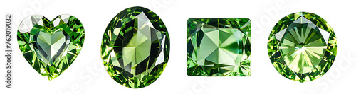 peridot green gems stone collection, heart, round, oval shape gloving diamond stones, isolated on transparent background, icons logo vector png