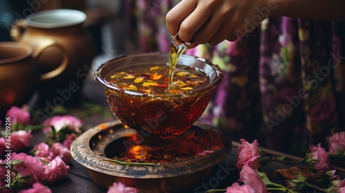 Person Pouring Tea Into Glass Bowl
