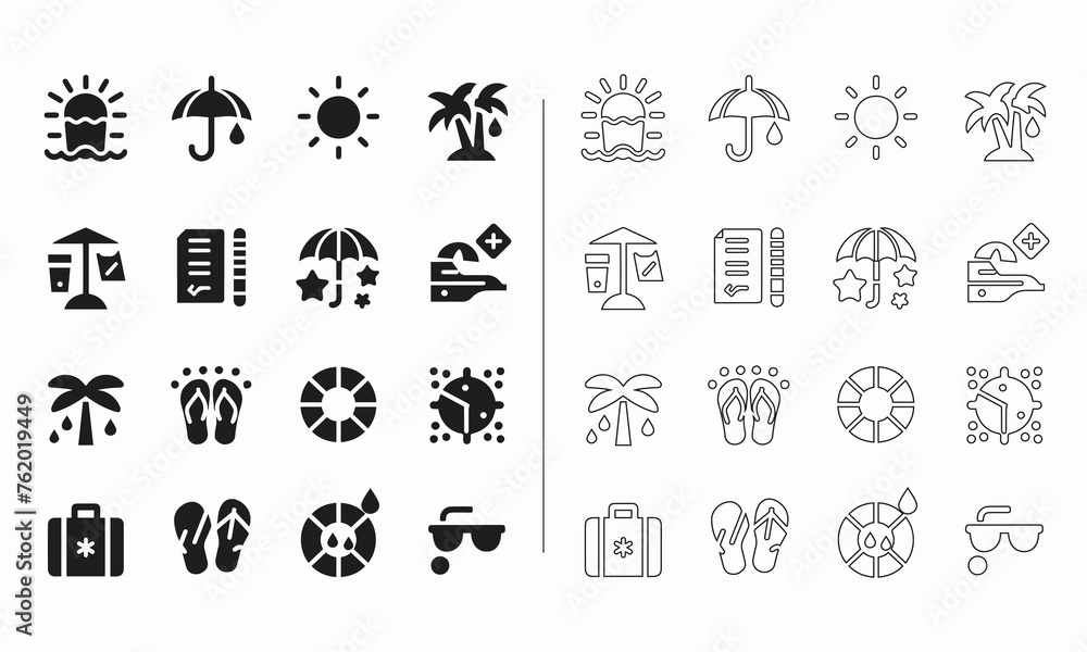 Summer icon set in fill and outline style Summer icon set in fill and outline style